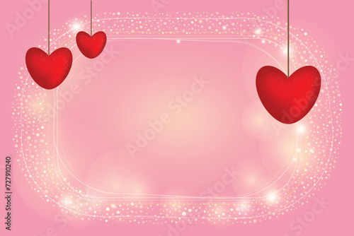 Happy greeting card Red voluminous hearts 3D effect hang like garland 14 february Day all lovers Romantic feelings Valentine's love concept Pink romantic gradient shining background Shine Сopy space