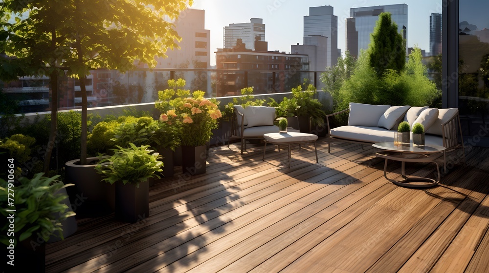 Beautiful of modern terrace with wood deck flooring, green potted flowers plants and outdoors furniture. Cozy relaxing area at home back yard. Sunny stylish balcony terrace in the city 