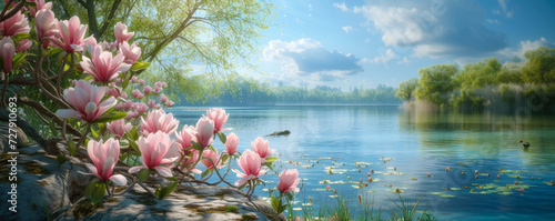 A beautiful blooming magnolia tree with pink flowers against the backdrop of a wonderful blue lake. beautiful spring landscape  banner with place for text