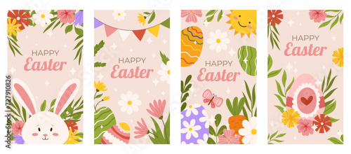 Easter collection of vertical social media template. Design for celebration spring holiday with flowers, bunny, butterfly, sun and painted eggs.