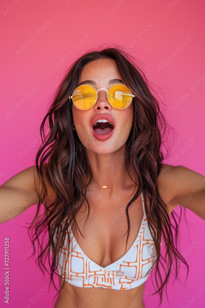 Playful Woman Against Bright Pink Backdrop with Yellow Sunglasses Playful Woman Against Bright Pink Backdrop with Yellow Sunglasses