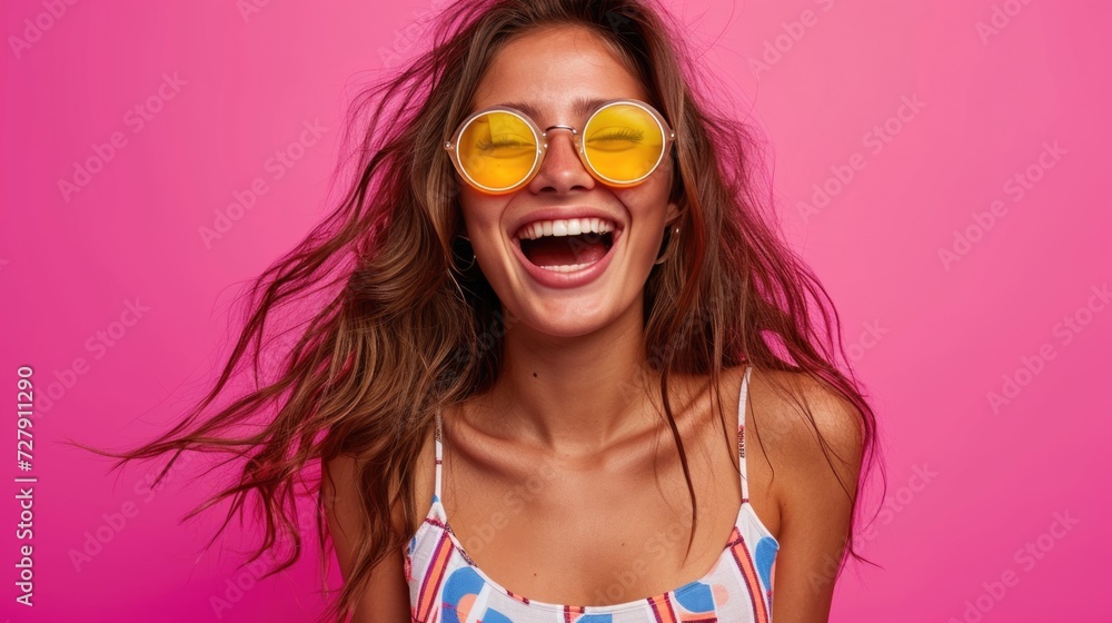 Playful Woman Against Bright Pink Backdrop with Yellow Sunglasses Playful Woman Against Bright Pink Backdrop with Yellow Sunglasses