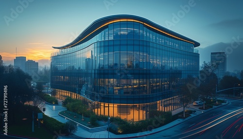 Modern Curved Office Building at Dawn with City Skyline
