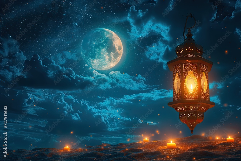 Islamic background, lantern and moon in night