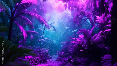 Luminous Fauna in the Fantasy Fog: A Mystical Jungle Realm. Generative ai photo