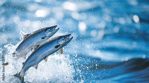 two Salmon Jumping Out of Water with Splashing Waves photo