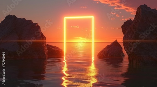 3d render glowing frame in beautiful sunset landscape nature