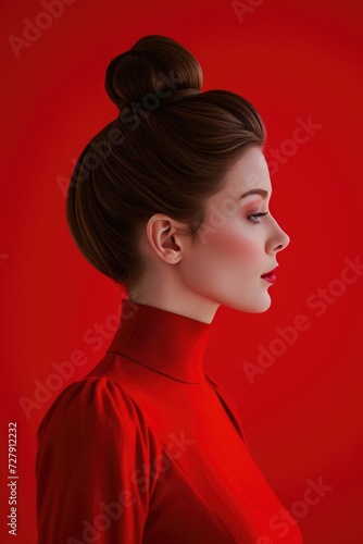 Sculptural Woman in Monochromatic Vision Against Vivid Red photo