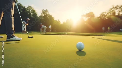 Crop shot of asian chinese young male golfer tapping the golf ball into a hole at golf course 