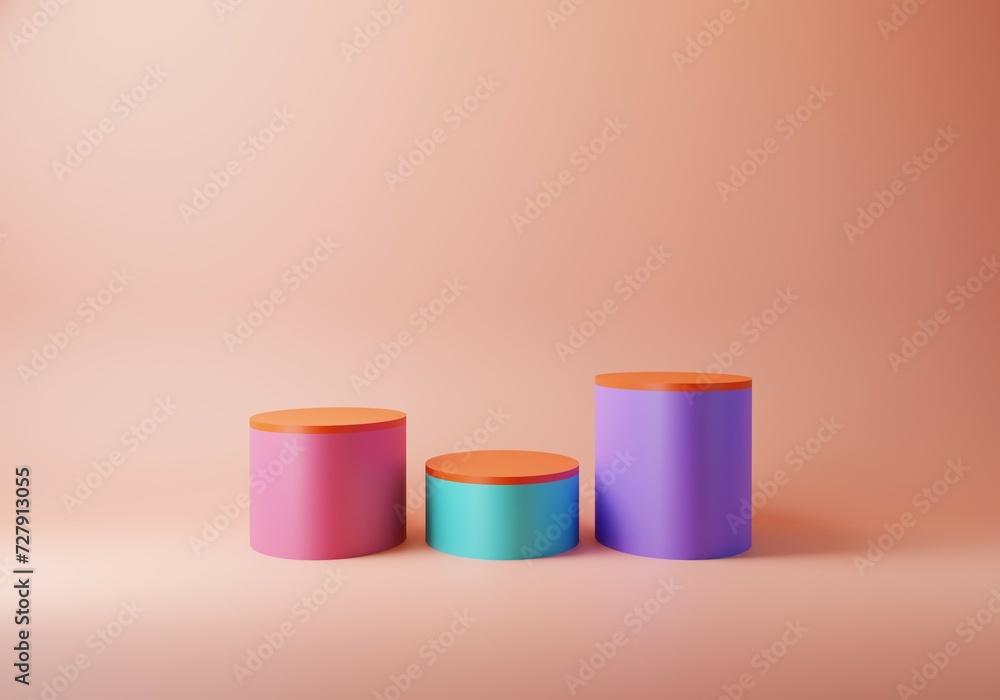 Set of three 3D cylinder pedestal podium with colorful pink, blue and purple on pastel pink backdrop. Abstract 3d rendering geometric platform. Product display presentation. Minimal scene. Set of three 3D cylinder pedestal podium with colorful pink, blue and purple on pastel pink backdrop. Abstract 3d rendering geometric platform. Product display presentation. Minimal scene.