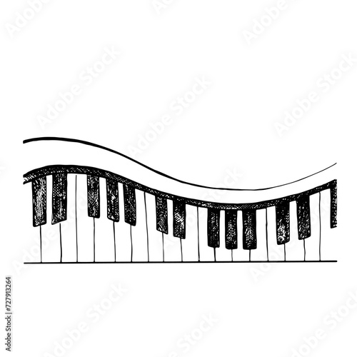 Musical piano or synthesizer keys, graphic vector black and white illustration. For the design of posters, flyers and invitation cards. For posters, banners and postcards.