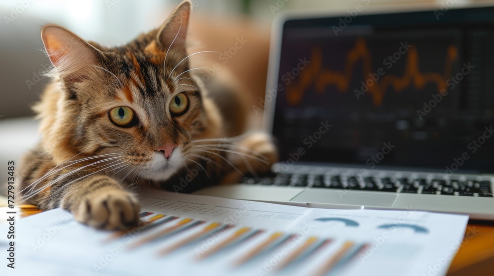 A focused feline companion scrutinizes spreadsheets and graphs on a laptop, representing the meticulous attention to detail necessary for effective financial planning A focused feline companion scrutinizes spreadsheets and graphs on a laptop, representing the meticulous attention to detail necessary for effective financial planning