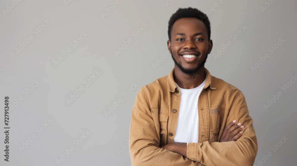 smiling young man with short hair is casually leaning against a grey wall, with his arms crossed, wearing a white t-shirt and a light brown jacket smiling young man with short hair is casually leaning against a grey wall, with his arms crossed, wearing a white t-shirt and a light brown jacket