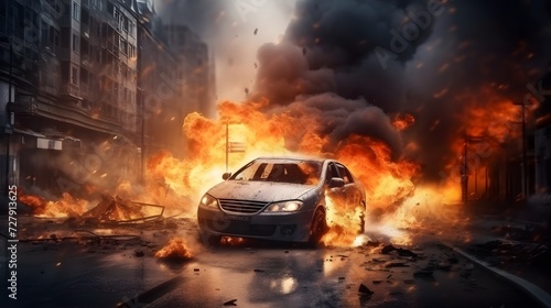 Emergency, fire and explosion with car in city for disaster, apocalypse and damage, Danger, smoke and ai generated with burning vehicle in road for smoke catastrophe, armageddon and accident 