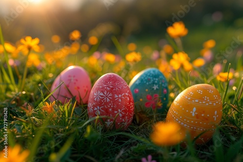 A vibrant field of blooming flowers serves as the perfect backdrop for a group of brightly colored easter eggs, nestled in the soft blades of grass like delicate spheres waiting to be discovered