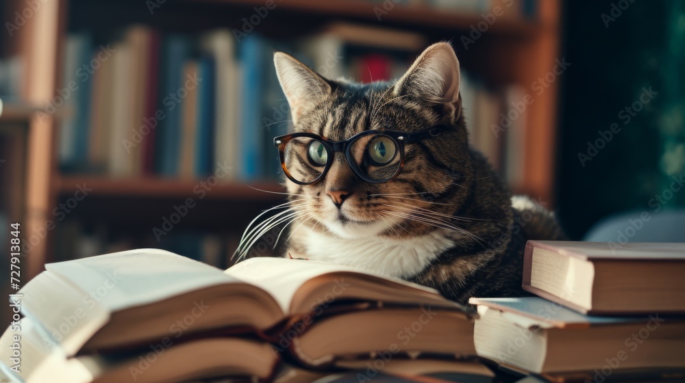 Glasses-wearing cat surrounded by financial books, contemplating wealth management, merging intelligence and playfulness in finance