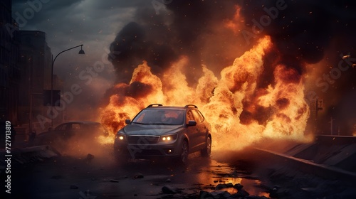 Emergency, fire and explosion with car in city for disaster, apocalypse and damage, Danger, smoke and ai generated with burning vehicle in road for smoke catastrophe, armageddon and accident  © Ziyan Yang