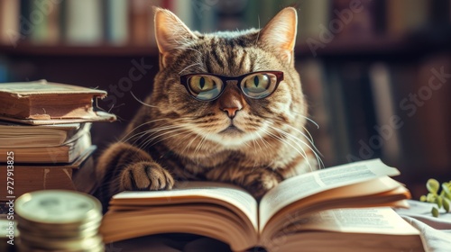 Glasses-wearing cat surrounded by financial books, contemplating wealth management, merging intelligence and playfulness in finance