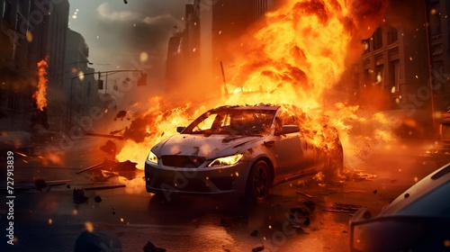 Emergency, fire and explosion with car in city for disaster, apocalypse and damage, Danger, smoke and ai generated with burning vehicle in road for smoke catastrophe, armageddon and accident  © Ziyan Yang