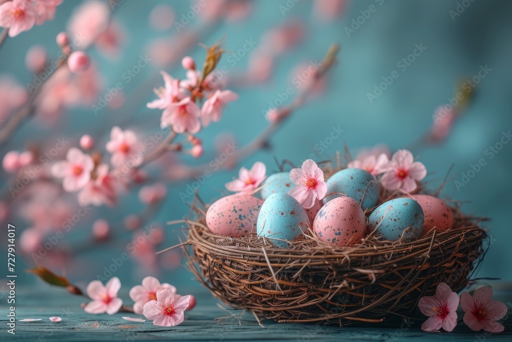 A delicate aerie of pink flowers bloom alongside a nest of speckled eggs, welcoming the arrival of spring and the promise of easter A delicate aerie of pink flowers bloom alongside a nest of speckled eggs, welcoming the arrival of spring and the promise of easter