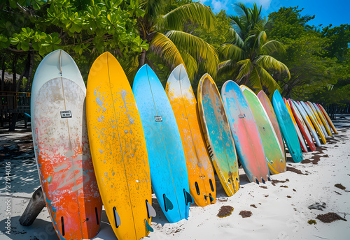 Surf's Up: Vibrant Array of Surfboards on the Beach,. Summer and holiday concept. Generative AI