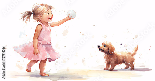 
Cute happy girl in pink dress and pigtailed hairstyle playing catches with cute doggie photo