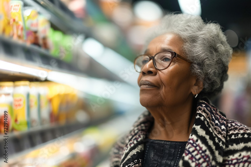 African-American elderly woman in a supermarket chooses food, looks at shelves with goods