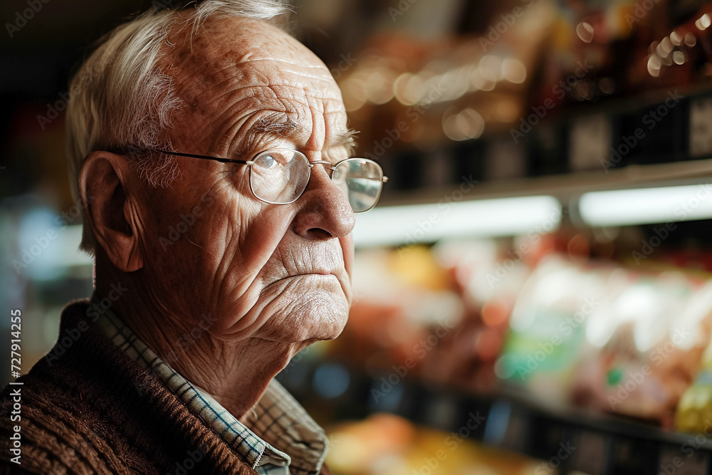Elderly Man in a Supermarket, shopping for groceries, senior citizen, big store