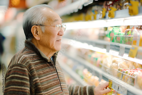 Asian older man in the grocery store, examining food products on the shelves