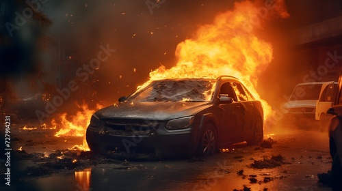 Emergency  fire and explosion with car in city for disaster  apocalypse and damage  Danger  smoke and ai generated with burning vehicle in road for smoke catastrophe  armageddon and accident 