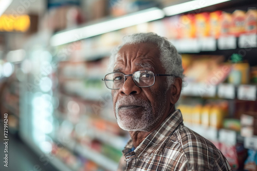 Supermarket scene with an elderly African American man, exploring the big store for goods