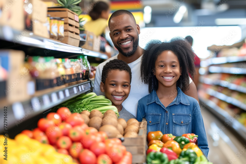 Inside the grocery store, African American family members together at the supermarket