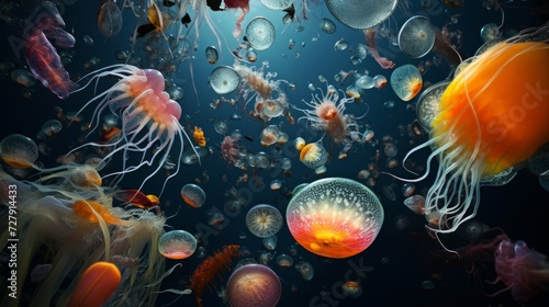 Surreal depiction of jellyfish amidst colorful bubbles in a deep-sea setting.