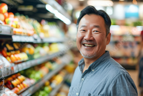 Grocery shopping, Asian man in the supermarket, exploring the aisles, big store