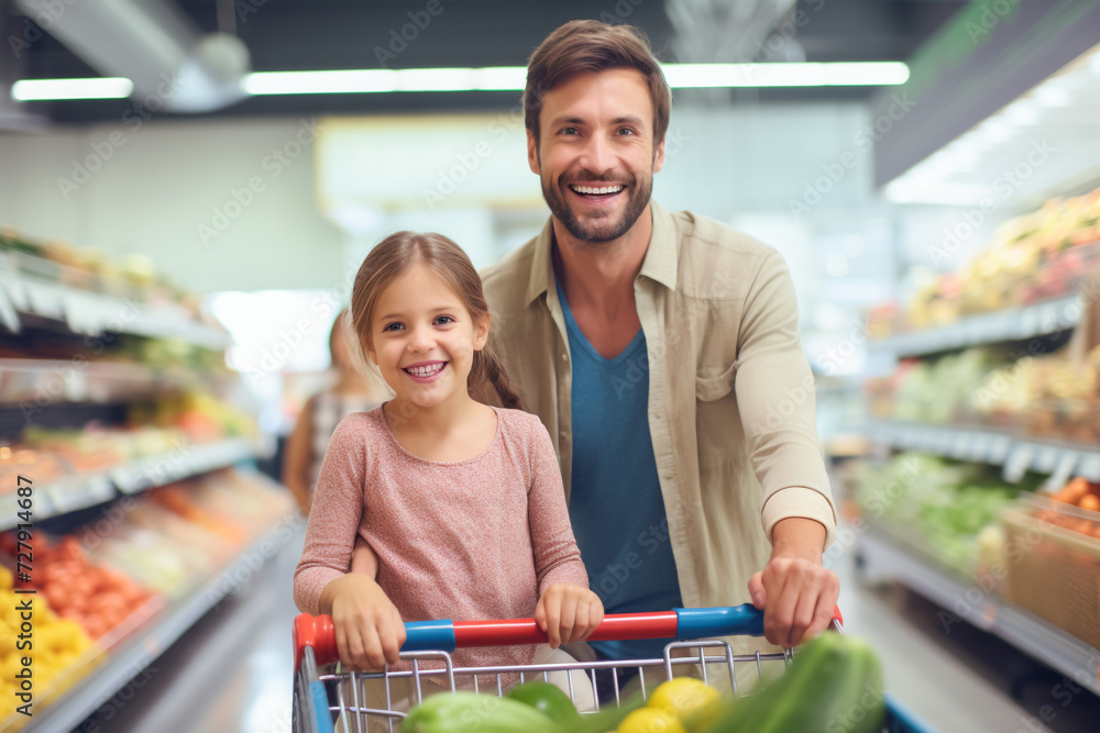 Family shopping together, dad, and kids in the supermarket, cart filled with products