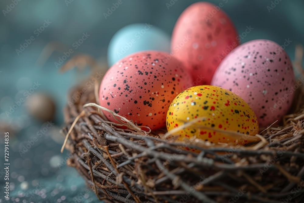 A vibrant easter surprise awaits in the cozy nest, adorned with a colorful array of hand-decorated eggs, a symbol of new beginnings and the nurturing love of a bird's aerie A vibrant easter surprise awaits in the cozy nest, adorned with a colorful array of hand-decorated eggs, a symbol of new beginnings and the nurturing love of a bird's aerie