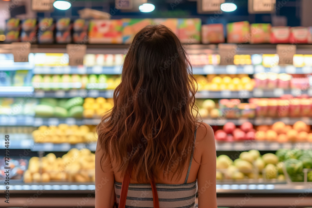 Woman in a supermarket, examining sale items, big market interior Woman in a supermarket, examining sale items, big market interior