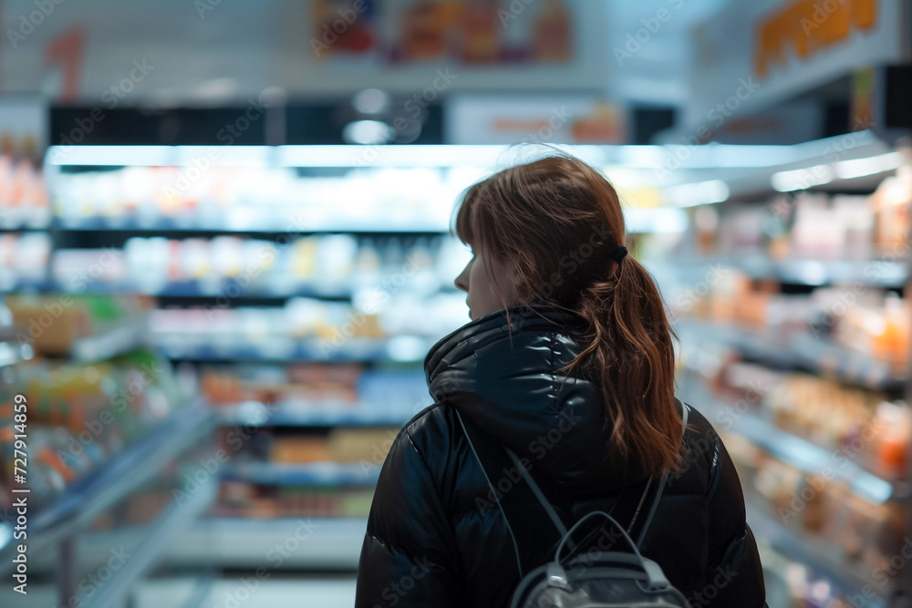 Woman in a supermarket, shopping for food, counter and shelves in view