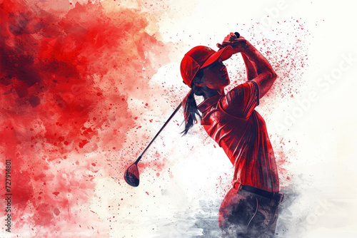 Golf player in action, woman red watercolour with copy space