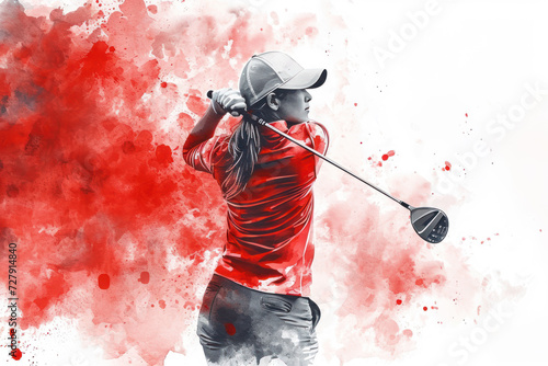 Golf player in action, woman red watercolour with copy space