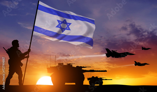 Silhouette of Soldier in sky background . Flag of Israel. Israel Defense Forces . 3d illustration. photo