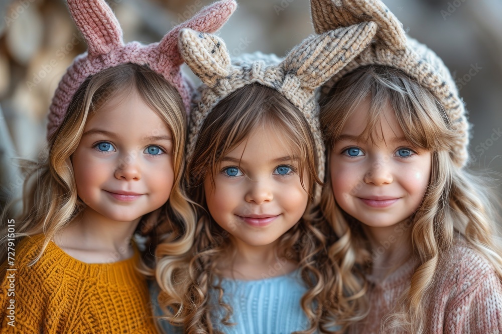 Playful young girls beam with joy as they don their trendy bunny hats, adding a whimsical touch to their stylish outdoor fashion Playful young girls beam with joy as they don their trendy bunny hats, adding a whimsical touch to their stylish outdoor fashion
