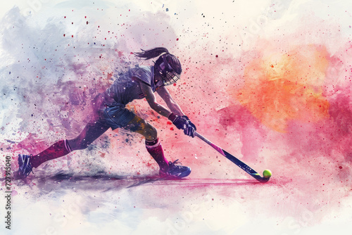 Field Hockey player in action, woman pink watercolour with copy space