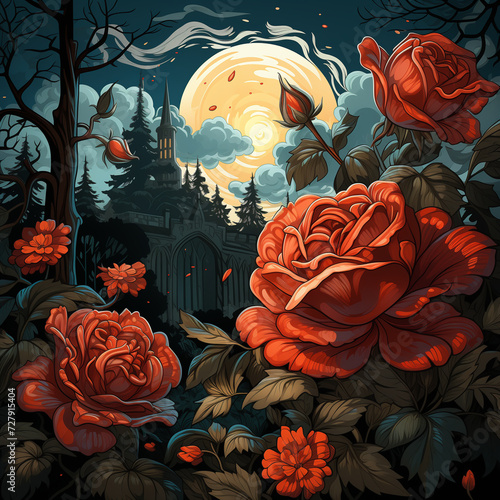 Midnight Rose Garden, Illustration, Night Sky, Elegance, Red Roses, Nocturnal Beauty © Stock Plus