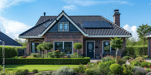 A front exterior of a luxurious dutch bungalow with a garden, front door with decorated window, home in a small village of the Netherlands