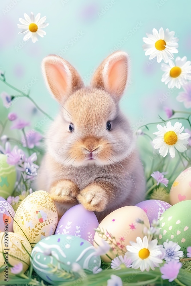 cute fluffy bunny with easter colorful eggs and flowers, easter concept, pastel colors cute fluffy bunny with easter colorful eggs and flowers, easter concept, pastel colors