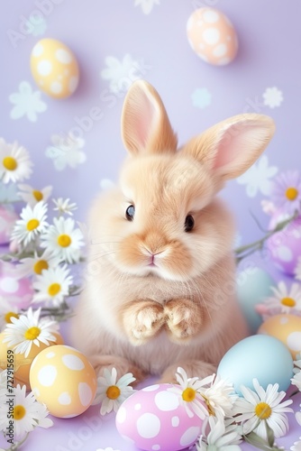 cute fluffy bunny with easter colorful eggs and flowers  easter concept  pastel colors