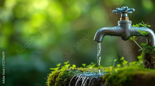 Iron tap with water pouring down in the forest. Concept for save water day, banner with copy space photo