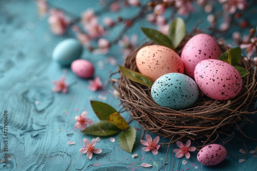A vibrant aerie adorned with pastel easter eggs and blooming flowers, creating a whimsical scene of springtime joy and new beginnings A vibrant aerie adorned with pastel easter eggs and blooming flowers, creating a whimsical scene of springtime joy and new beginnings