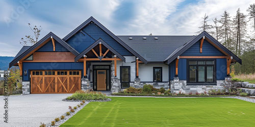 Front elevation details of a modern rural subdivision house built in British Columbia with interesting blue colour and country design exterior